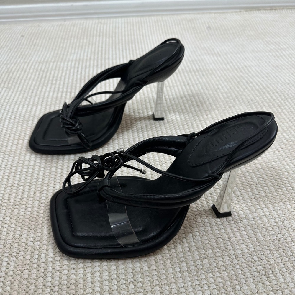 SCHUTZ Black Leather Lace-Up Sandals with Clear Strap Accent - Picture 5 of 8